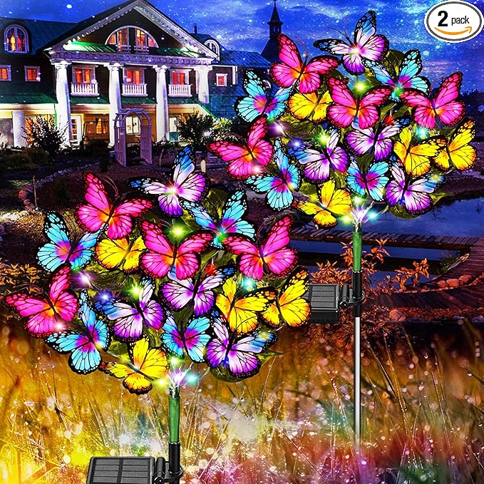 Solar Garden Lights Outdoor Waterproof Solar Lights 2 Pack with New Upgraded 72 LED 34 Butterfly Outdoor Solar Lights for Yard Outside Garden Pathway Decor Gifts for Womens Mother's Day
