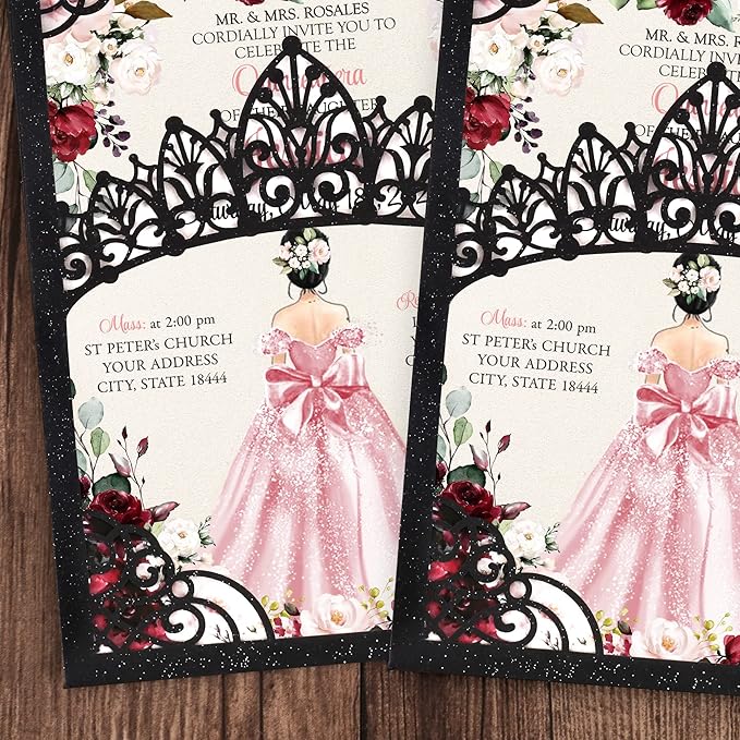 50Pcs Pink Crown Invitations for Quinceanera, 15 year, Sweet 16, Miss XV, Birthday Laser Cut Quince Invitation Cards Personalized Pearlized Black