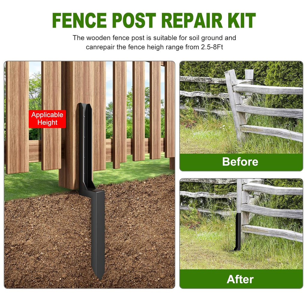 One-Piece Fence Post Repair Kit，Heavy Duty Steel Fence Post Anchor Ground Spike ，Quick Fix Broken/Leaning Wood Posts with，and Fixed Fence Posts（2-Pack）