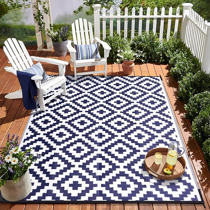 OLANLY Waterproof Outdoor Rug 6x9 ft, Outdoor Plastic Straw Rug for Camping, RV Mat Outside, Indoor Outdoor Carpet for Porch, Deck, Backyard, Balcony, Picnic, Navy & White