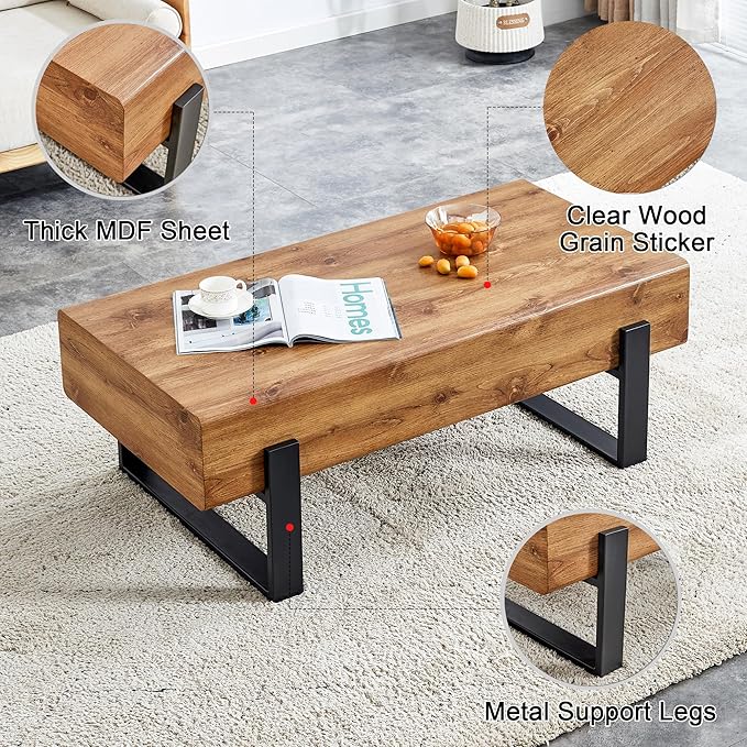 47.24'' Modern Rectangle Coffee Table Black Metal Legs for Living Room Dining Room Bedroom Office