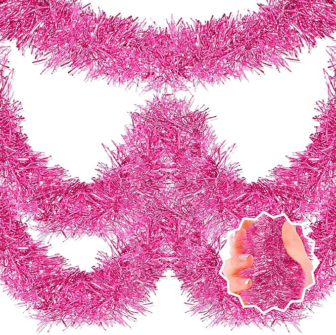 25 Feet Pink Christmas Tinsel Garland, Metallic Foil Twist Banner Wall Hanging Tinsel Streamers Backdrop for Parade Floats, Christmas, Mother's Day, Birthday Party Decorations(4in x 25ft)