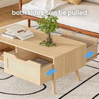 Oak Rattan Coffee Table, Mid Century Modern with Drawer & Shelf, 39'' Wooden Boho Coffee Table for Living Room
