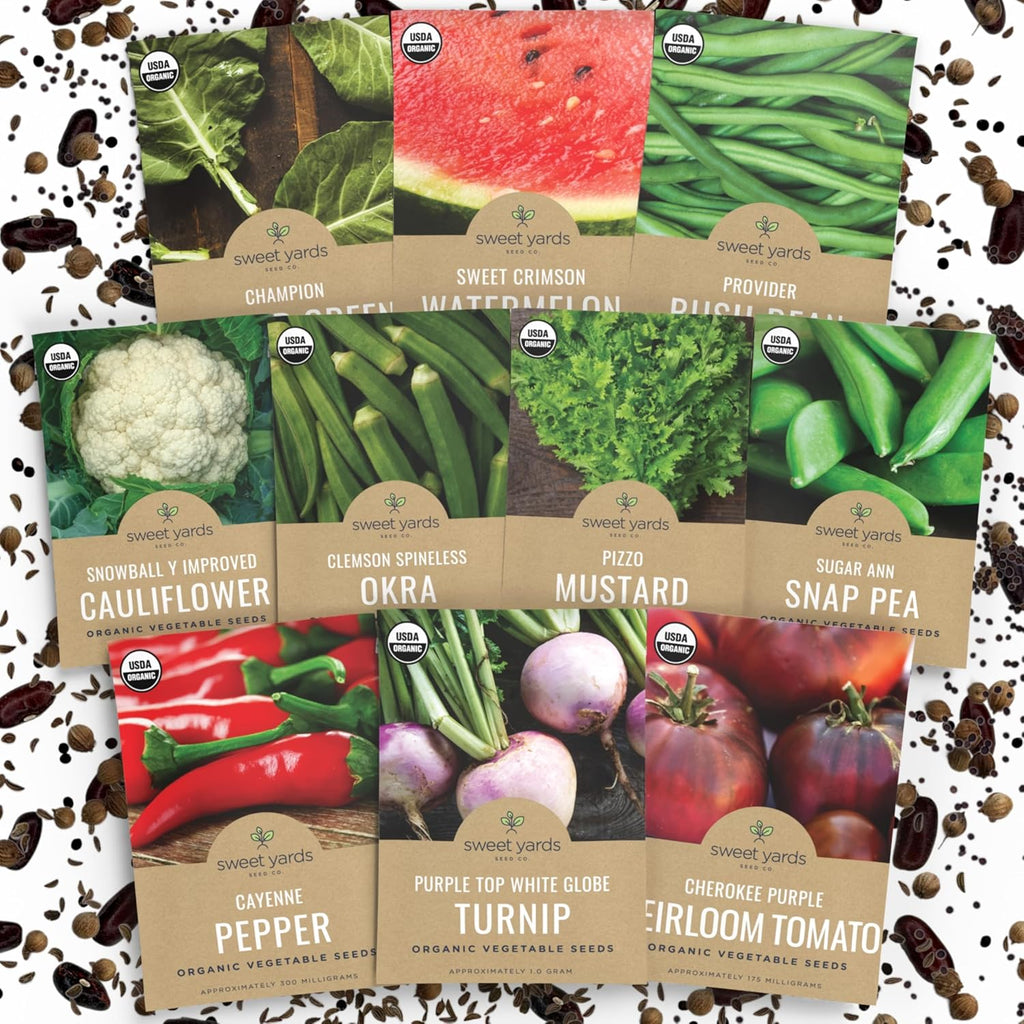 Organic Southern Garden Seeds Variety Pack - 10 Individual Packs - 2025 Season - Sugar Ann Snap Pea, Sweet Crimson Watermelon and More! for Indoor & Outdoor Planting (Non-GMO, Certified Organic)