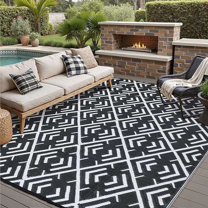RV Outdoor Rug Waterproof Mat Outdoor Rugs 9'x12' for Patios Clearance Carpet Outdoor Camping Rugs Large Plastic Straw Rug(8x10ft Geometric Black&White)