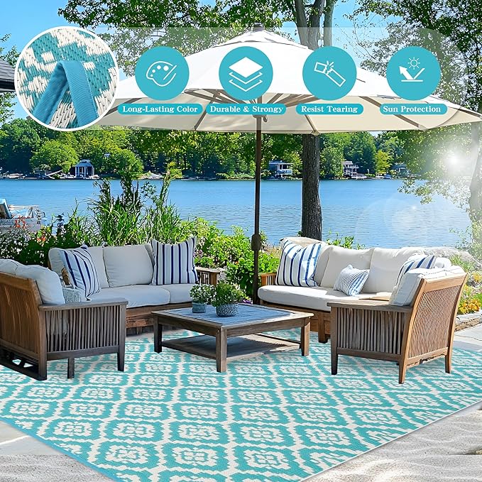 Wallona Outdoor Rugs 5x8 ft Patio Waterproof Clearance Indoor Outdoor Carpet for Patio Plastic Straw Reversible Area Rugs Mat for RV, Camping, Balcony, Beach, Picnic, Porch, Brick Green & White