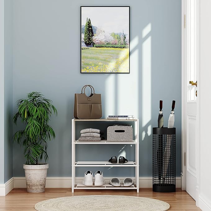 Yusong Shoe Rack Organizer, 4 Tier Industrial Shoe Storage Shelf for Closet Entryway, Narrow Sturdy Metal Shoe Shelves, White