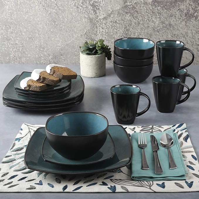 Gibson 99813.16R Elite Soho Lounge 16 Piece Reactive Glaze Dinnerware Set, Teal/Black Tutone