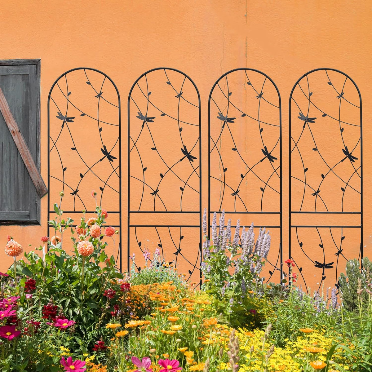 4 Pack Metal Garden Trellis 86.7" Tall Outdoor Climbing Plant Support for Roses, Flowers, Rustproof Durable Black Galvanized Tube, Lawn Garden Fence Decor Screen (4, Black dragonflies-86.7" H)