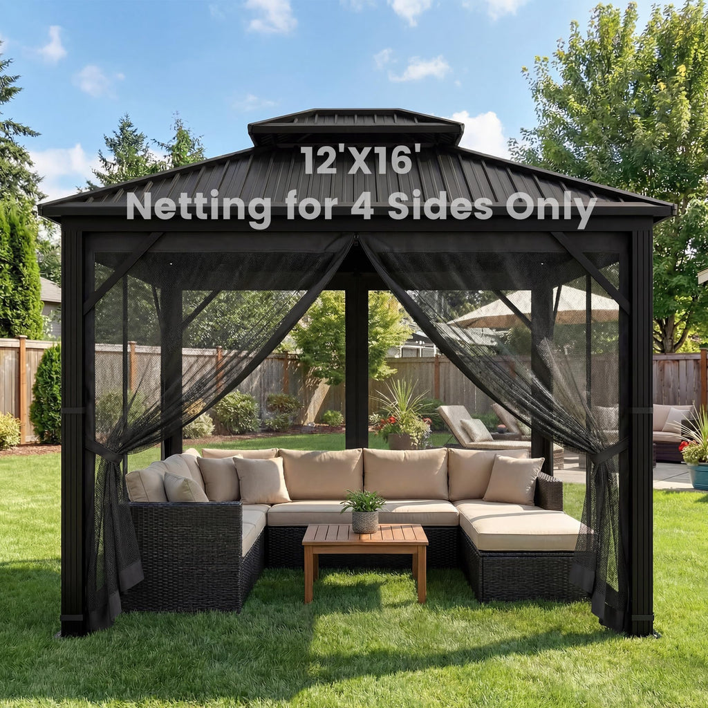 OLILAWN Gazebo Universal Replacement Mosquito Netting, 12' x 16' Outdoor Canopy Net Screen 4-Panel Sidewall Curtain, with Zippers, Easy to Install, Fit for Most Gazebo 12x16 Canopy, Black