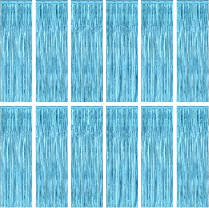 12 Pack Party Decorations, 3.28 FT x 7.05 FT Sky Blue Curtains, Metallic Party Streamers Photo Booth Backdrop Foil Fringe Curtains, Light Blue Winter Wonderland Backdrop Birthday Decor