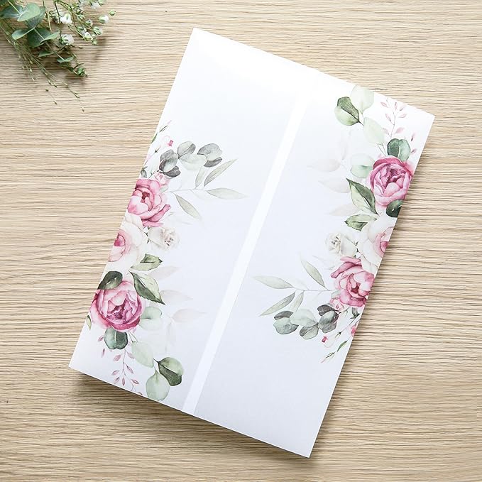 PONATIA 50 PCS Vellum Jackets for 5x7 Invitation Cards - Dusty Rose Flowers Vellum Sleeves, Transparent Gift Card Jackets