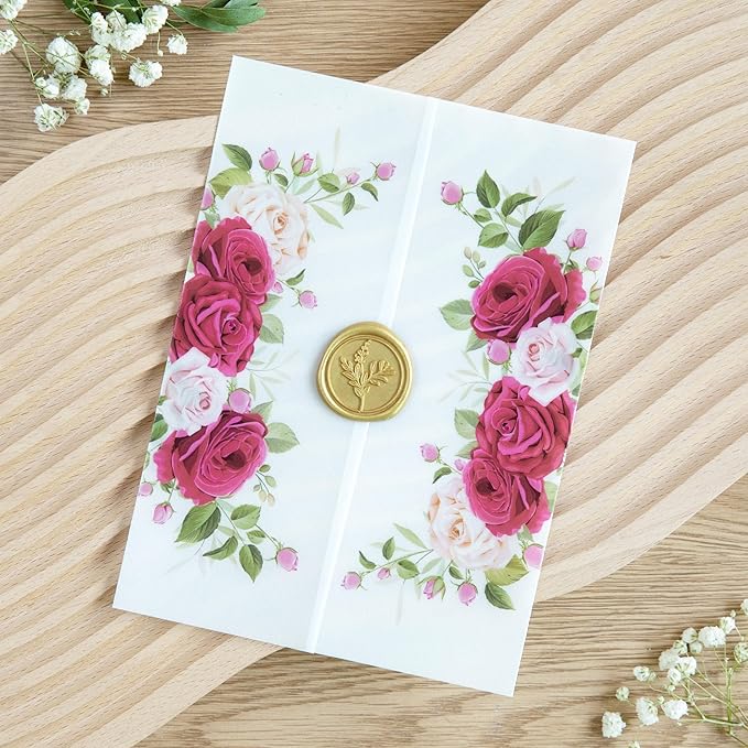 PONATIA 50PCS Vellum Jackets for 5x7 Invitation Cards- 135GSM Fuchsia Flowers Vellum Sleeves Paper 5x7 Jackets - Wedding Invitations Wraps - Transparent Card Jacket
