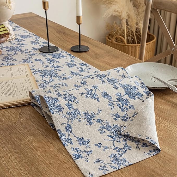 Pastoral Table Runner - 14 x 60 Inch Rectangle - Beige Linen - Washable Tabletop with Dust-Proof Wrinkle Resistant for Restaurant, Picnic, Indoor and Outdoor Dining, Floral (Dark Blue)