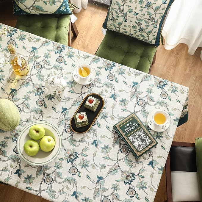 patdrea Designer Green Linen Rectangle Tablecloth,Vintage Floral Pattern Breathable Table Cloth,Home Table Cover Decor for Kitchen Dining,Christmas,Thanksgiving,Holiday,Tea Party,55"x87"-Noah