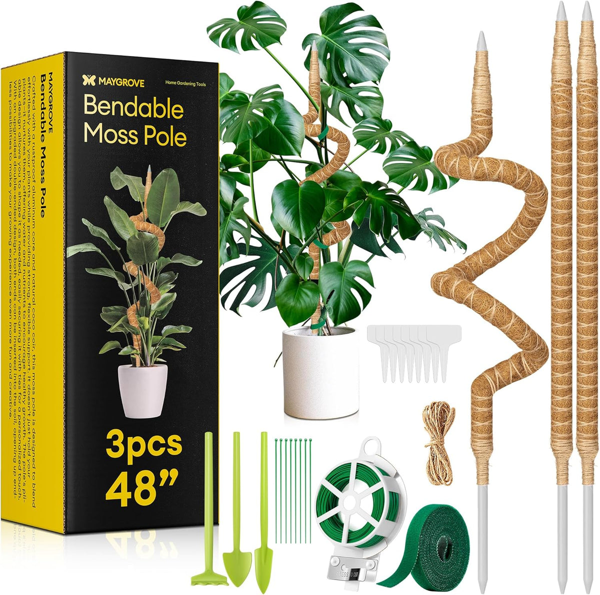 3-Pack 48” Bendable Moss Pole Monstera Plant Support for Climbing Indoors Plants, Coir Moss Poles Moss Sticks Plant Pole DIY, Plant Support Stake for Potted Plants