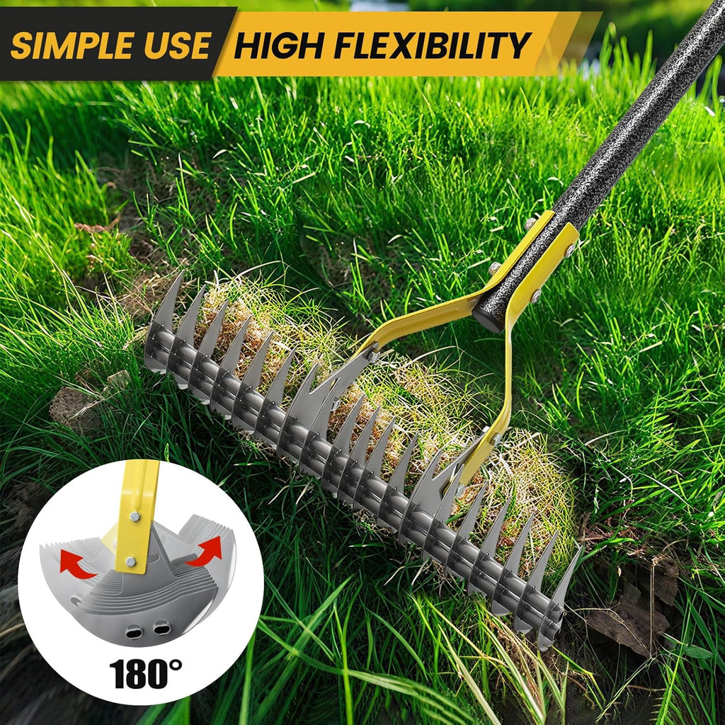 Thatch Rake 4.5FT Heavy Duty Metal Dethatcher Rake with Adjustable Long Handle 19-Tine 15” Wide Lawn Yard Garden Tool for Cleaning Dead Leaf Grass Loosing Soil