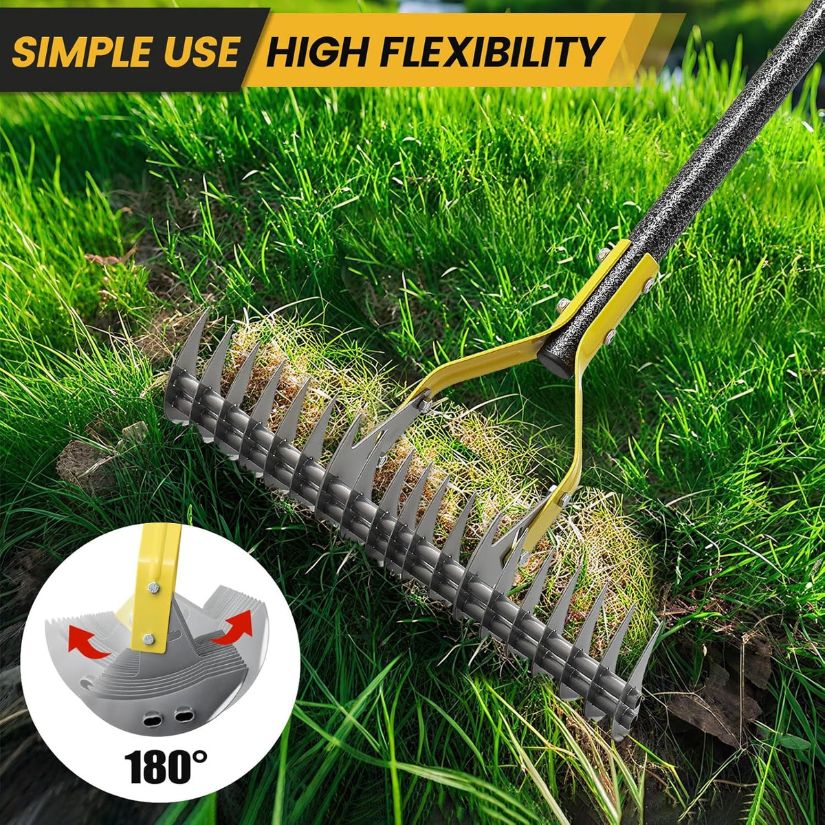 Thatch Rake 4.5FT Heavy Duty Metal Dethatcher Rake with Adjustable Long Handle 19-Tine 15” Wide Lawn Yard Garden Tool for Cleaning Dead Leaf Grass Loosing Soil