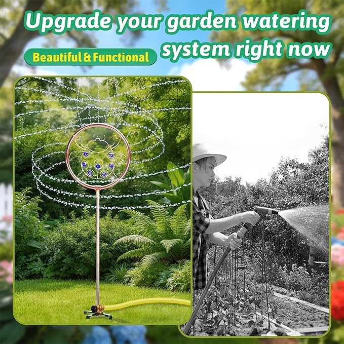 34" Tall Copper-Coated Stainless Steel Garden Sprinkler, 360° Rotating Decorative Ornamental Sprinkler for Lawn, Yard & Landscape Watering (Ladybug)