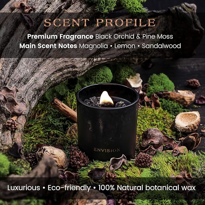 Scented Candle, Wood Wick, 7.4 Oz, Black - Luxurious, Powerful Manifestation Crystal Candle - Hand Poured with Natural Soy, Coconut and Beeswax - Essential Oils and Exotic Fragrance
