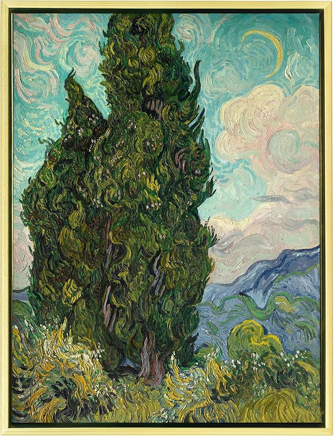 Wieco Art Framed Wall Art Cypresses Classic Giclee Canvas Prints by Van Gogh Famous Oil Paintings Green Tree Picture for Home Decorations Modern Abstract Forest Landscape Artwork