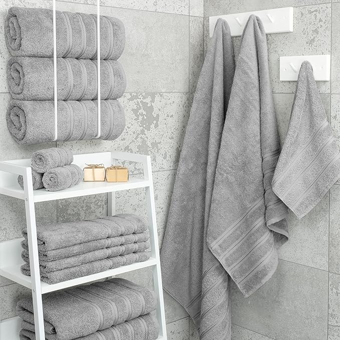 American Soft Linen Luxury 4 Piece Bath Towel Set, 600 GSM 100% Cotton Turkish Bath Towels for Bathroom, 27x54 in Large Bathroom Shower Towels, Light Grey