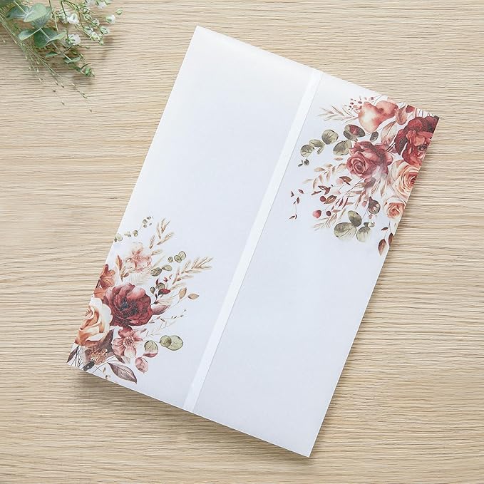 PONATIA 50PCS Vellum Jackets for 5x7 Invitation Cards- 135GSM Burnt Orange Floral Printed Vellum Sleeves, Quinceanera Wedding Invitation Cards Wraps, Transparent Christmas Gift Cards Jackets