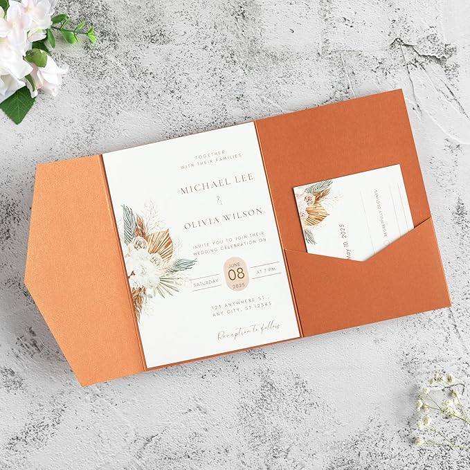 20 PCS Burnt Orange Tri-fold Laser Cut Wedding Invitation Pockets for 5x7 Wedding Cards Bridal Shower Engagement Quinceanera Invitation