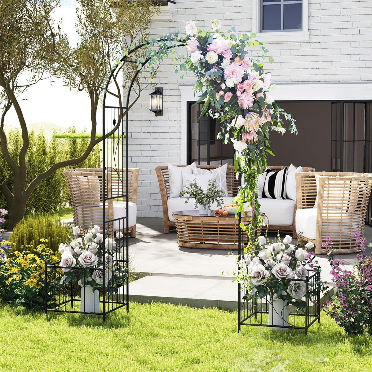 Moccha Garden Arbor with Planters - 86'' Metal Arbor Trellis for Climbing Plants, Ivy, Vines, Outdoor Archway Pergola with 8 Ground Stakes, Garden Arch for Wedding Ceremony Decoration Lawn Patio