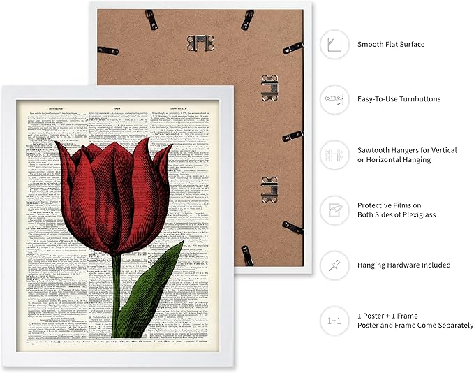 Poster Master Dictionary Art Poster - Tulip Print - Red Flower Art - Floral Art - Gift for Men, Women & Florist - Minimal Decor for Living Room, Bedroom, Dorm or Flower Shop, 11x14 White Framed