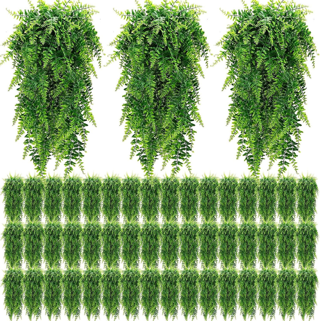 Geosar 96 Pcs Artificial Hanging Plants 32 Inch Hanging Boston Ferns Plastic Fake Plants for Wall Room Garden Wedding Garland Indoor Outdoor Decoration, No Basket