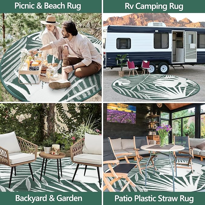 Waterproof Outdoor Rug 6x6 ft, Reversible Plastic Straw Mat with Leaf Pattern, Round Floor Mat for Patio, Camping, Picnic, Backyard RV, Deck, Dark Green