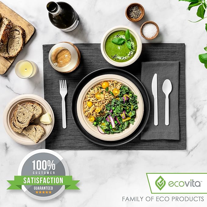 Ecovita 100% Compostable Spoons - 140 Large Disposable Utensils (6.3 in.) Eco Friendly Durable and Heat Resistant Alternative to Plastic Spoons with Convenient Tray