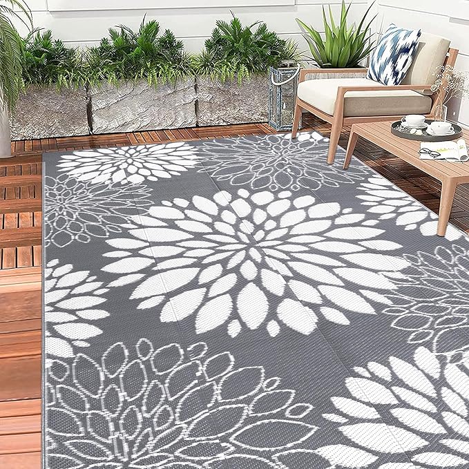Ileading Reversible Outdoor Rug 6x9Ft Waterproof Patio Rug Carpet Portable Outdoor Plastic Straw Rug Large RV Camping Mat Rug for Patio, Clearance, Deck, Beach, Porch, Camping, Picnic, Flower Grey