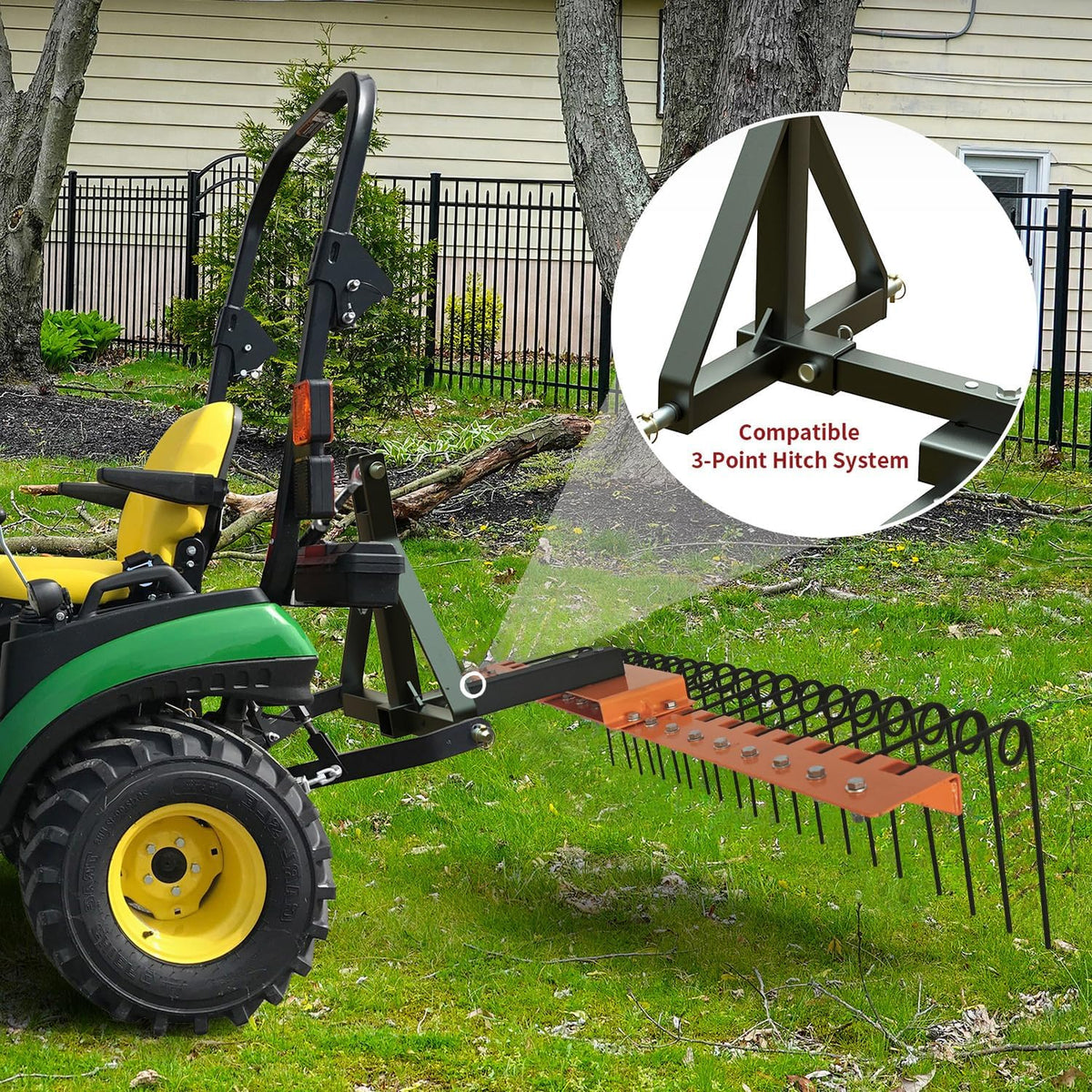 48" Durable Pine Straw Rake Steel Spring Landscape Rake Fits 2" Receiver for Lawn Tractors or ATV/UTV，Orange
