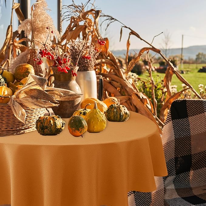 Biscaynebay Fall Tablecloth Textured Fabric Round Tablecloths 90", Bronze Thanksgiving Autumn Harvest Water Resistant Fabric Tablecloths for Kitchen, Dining, Wedding, Parties Machine Washable