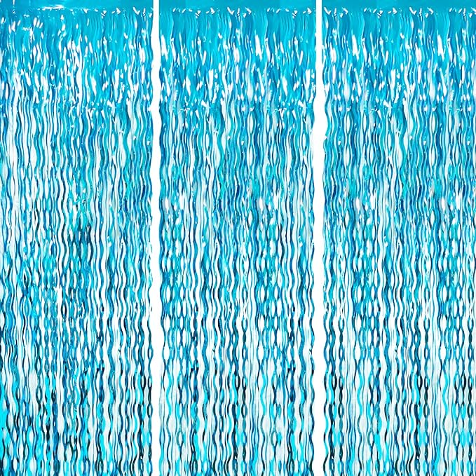 Goer Metallic Tinsel Foil Fringe Curtains for Party Photo Backdrop Wedding Decor (3 Pcs,Wavy Light Blue)
