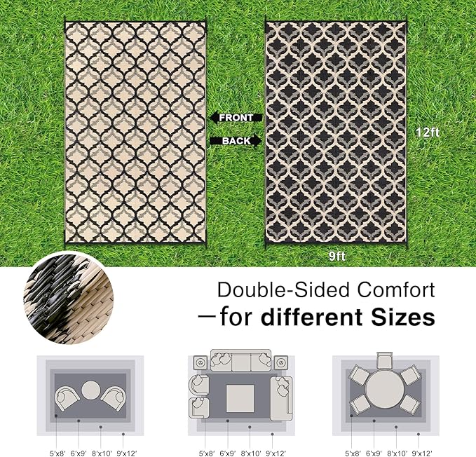OLANLY Reversible Outdoor Rug 9x12 ft Clearance, Waterproof Outdoor Plastic Straw Rug with Interlacing Pattern, RV Mat for Patio, Camping, Balcony, Deck, Backyard, Black & Beige