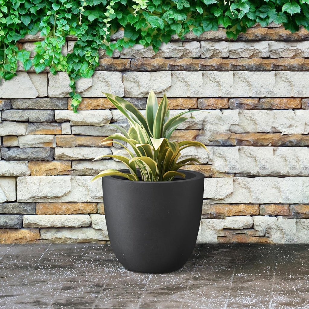 Kante 14 Inch Dia Round Concrete Planter, Indoor Outdoor Large Plant Pot with Drainage Hole and Rubber Plug for Home Patio Garden, Black