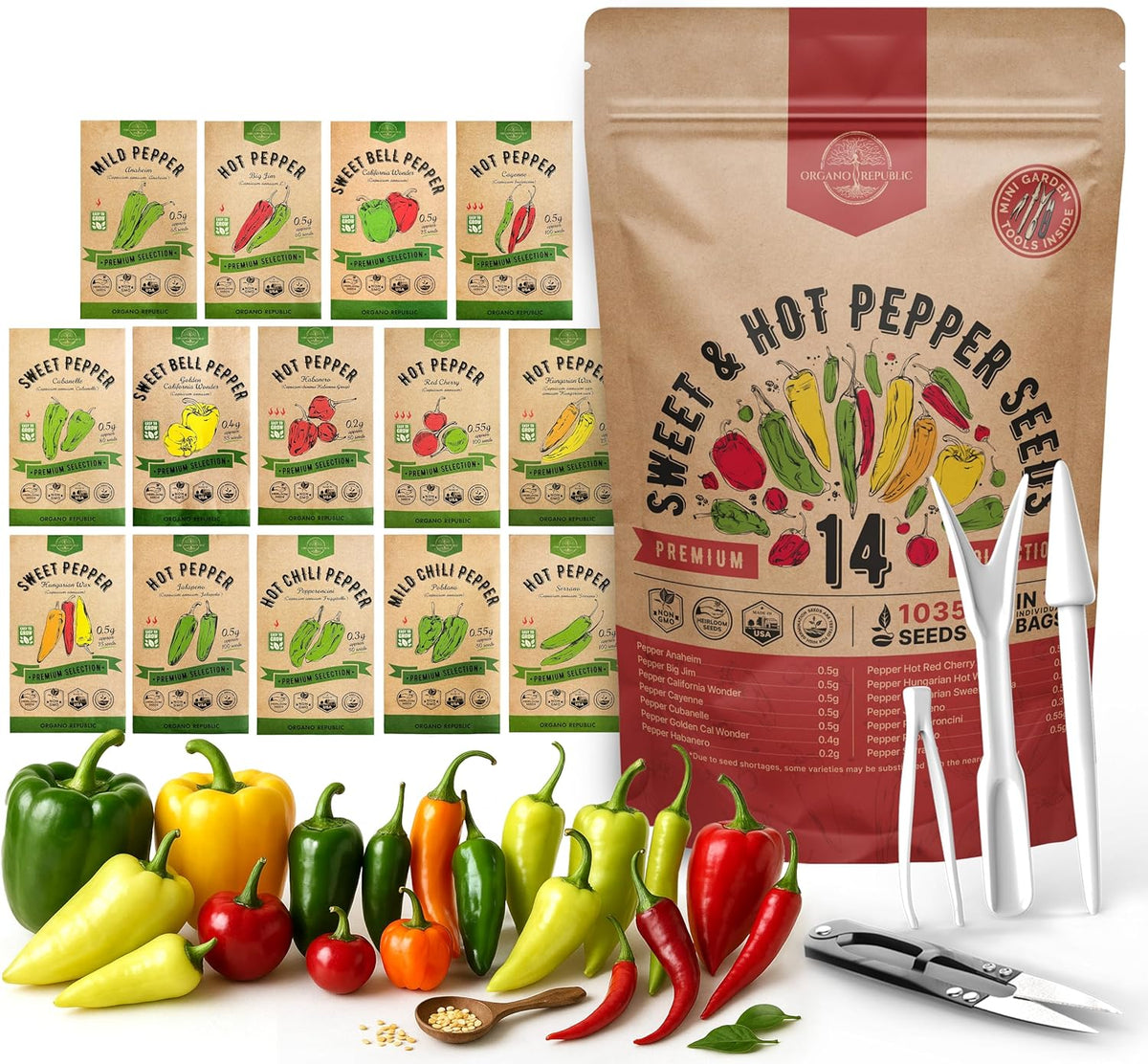 Organo Republic 14 Sweet & Hot Peppers Seeds Variety Pack - 1,030+ Non-GMO Heirloom Pepper Seeds for Outdoor and Indoor Home Gardening, Including Pepper Cayenne, Habanero, Jalapeno, Poblano, Serrano