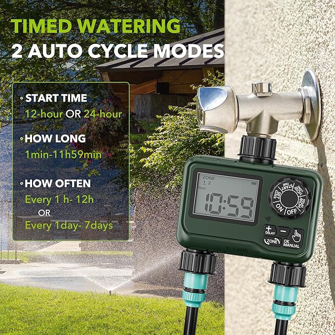 BN-LINK Sprinkler Timer Outdoor - 2 Zone Programmable Water Timer with Rain Delay, Automatic Irrigation System for Lawns & Garden Hoses - Waterproof Manual Controller with Large LCD Display