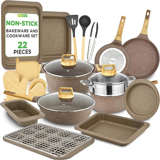 Nutrichef 22-Piece Maroon Marble Non-Stick Cookware and Bakeware Set - Professional Home Kitchen Collection with Multi-Sized Pots, Pans, and Heat-Resistant Tools