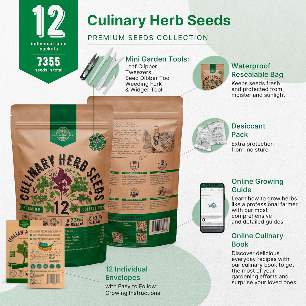 Organo Republic 12 Culinary Herbs Seeds Variety Pack - 7,355+ Heirloom, Non-GMO, Herbs Seeds for Outdoor and Indoor Home Gardening, Including Basil, Cilantro, Chives, Dill, Parsley, Sage