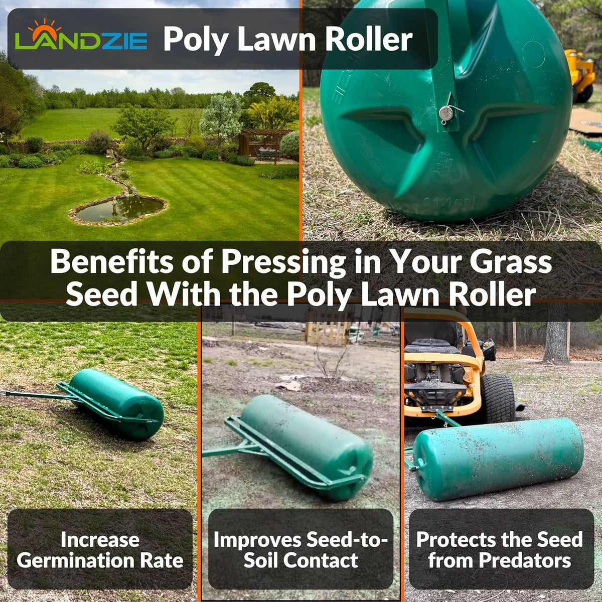 Landzie 36 Inch Poly Lawn Roller – 21.1 Gallon Heavy Duty Sod and Yard Roller for Boosting Seed to Soil Contact - Water Filled Barrel Presses in Grass Seed to Improve Germination - Lawn Flattener