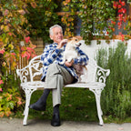 VINGLI 38.5" Patio Park Garden Outdoor Metal Rose Bench, 2-Person Cast Iron Cast Aluminium Frame Antique Finish Chair,Accented Lawn Front Porch Path Yard Decor Deck Furniture (White, Rose)