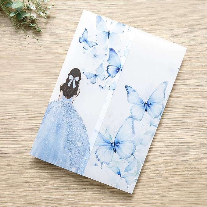 PONATIA 50 PCS Vellum Jackets for 5x7 Invitations - Vellum Paper 5x7 Jackets - 135GSM Blue Girl Butterfly Quinceanera Invitations Wraps - Transparent Cards