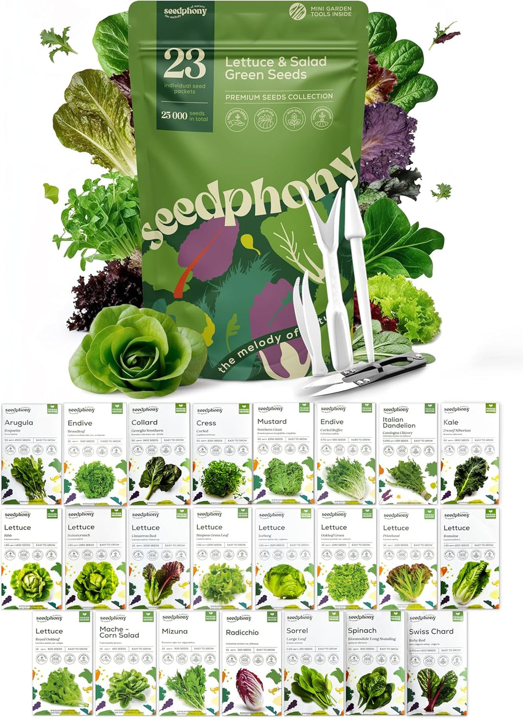 23 Lettuce & Salad Greens Seeds Variety Pack - 25,000+ Non-GMO Heirloom Greens Seeds for Planting Lettuce Indoor & Outdoor: Arugula, Mizuna, Kale, Spinach, Swiss Chard, Mache & More Lettuce Seeds
