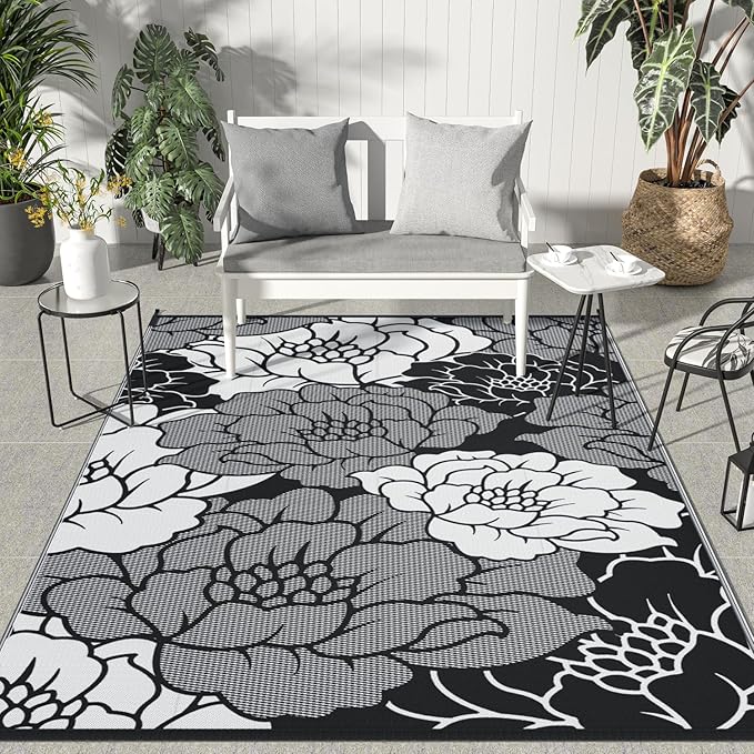 GENIMO Outdoor Rug Waterproof for Patio Decor, 8' x 10' Reversible Plastic Straw Floral Camping Carpet, Large Area Rugs Mats for RV, Camper, Deck, Balcony, Porch, Beach, Picnic, Mix-Black & White