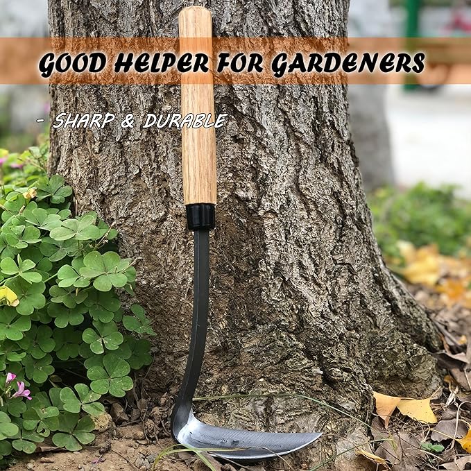 SHANFEEK Japanese Weeding Sickle Hoe Gardening Tools 13-Inch Weed Remover Tool High-Carbon Steel One-Piece Molding with Hard Solid Wood Handle(Snake-Necked)