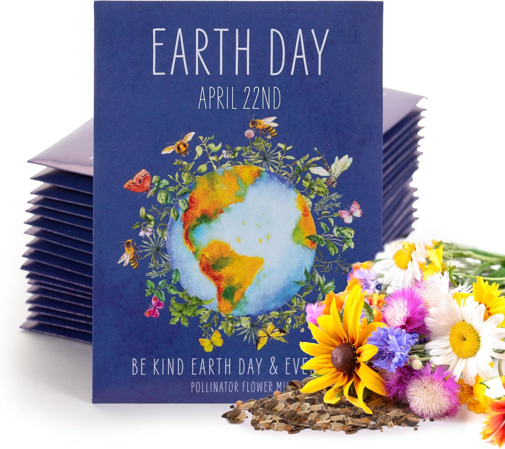 Bentley Seed Co. | Earth Day Planet Pollinator Flowers | Illustrated Bee Butterfly Flower Seed Packets | Environmental Favors for Events | Wildflower Mix Seed | Eco-Friendly Hand Out Gift | 25 Pack